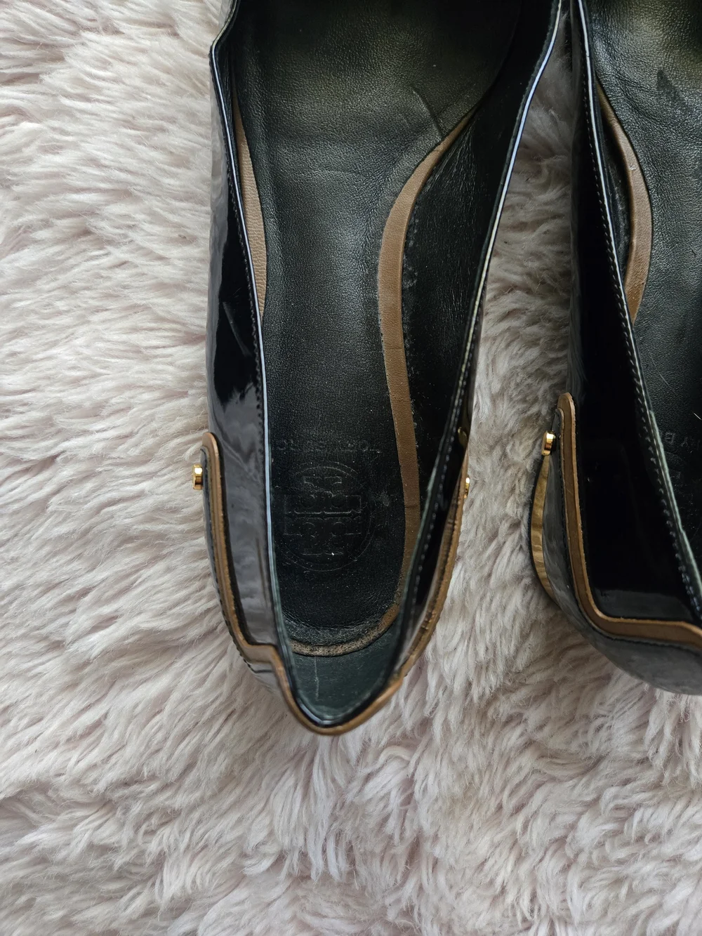 Tory Burch Black Patent Leather Square-Toe Logo Flats with Gold Trim